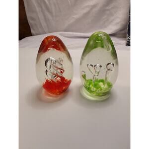 Glass Eggs Controled Bubbles In Green And Orange Paperweights